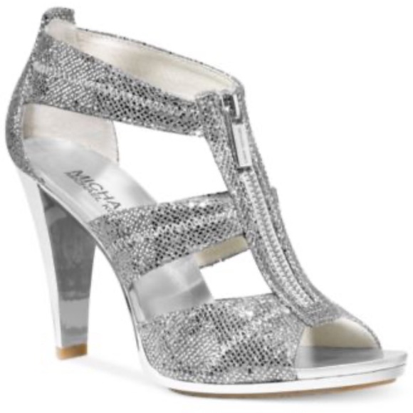 Michael Kors Shoes - 🪩 Michael Kors Sandals Women Silver Open Toe T-Strap Zipper Berkley Heel 7.5 🪩